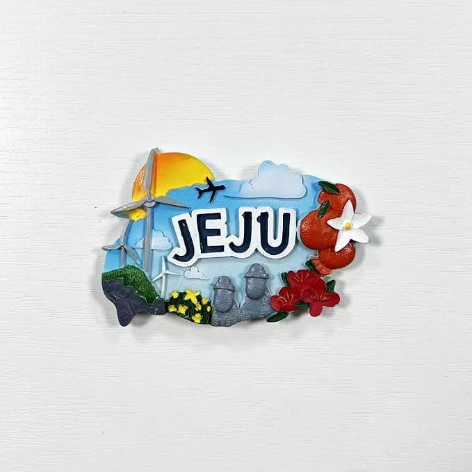 Jeju Island Korea 3D Resin Fridge Magnet, Decorative Souvenir with Windmill, Flowers, and Stone Statues, 7.7 x 5.0 cm