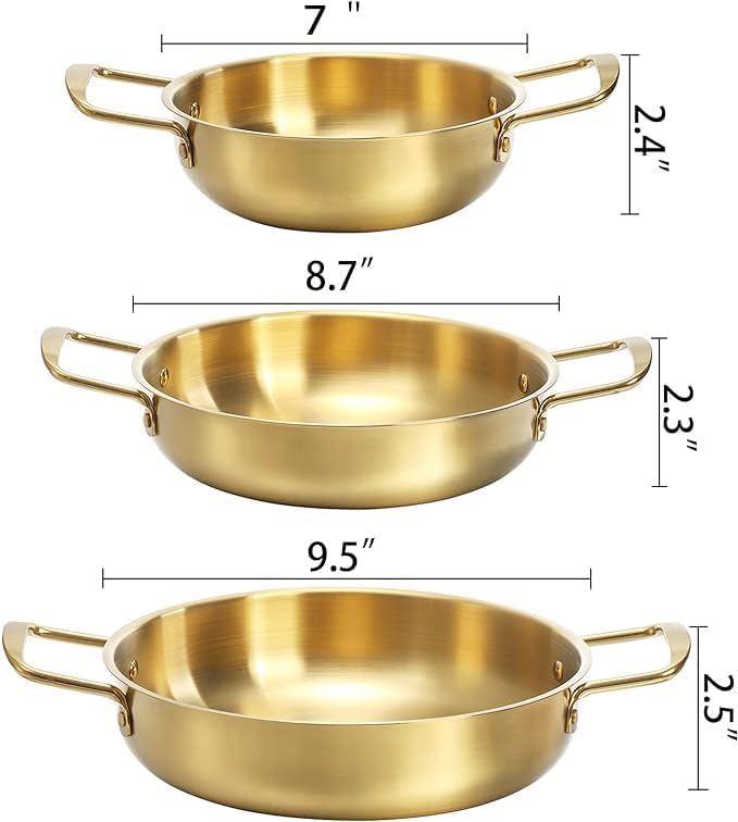 Set Of 3 Korean Ramen Noodle Pot, 7/8.5/9.5 In, Gold, Stainless Steel, No Lid, 24 Centiliters, 2.5 Pounds Max, Brushed Finish, Suitable For Stovetop