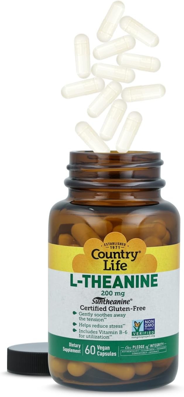 Country Life Suntheanine L-Theanine – 60 Vegan Capsules | Natural Stress Relief Supplement with Inositol | Promotes Relaxation, Focus & Better Sleep | Certified Gluten-Free, Non-Drowsy Formula