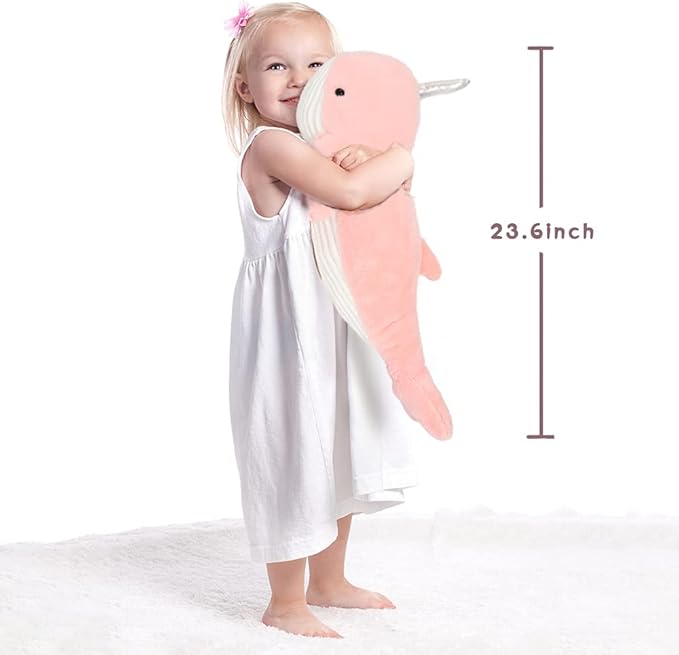 Tezituor 24 Inch Narwhal Stuffed Animal, Cute Pink Large Stuffed Whale Toy, Hugging Soft Narwhal Pillow Gift for Girls Kids