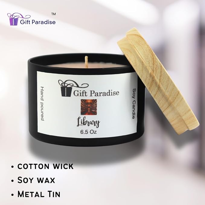 Gift Paradise® Library Soy Wax Candle – 6.5 oz Black Metal Tin with Cotton Wick | Antique Sandalwood, Aged Books & Ancient Alexandria Scent | Hand-Poured Long-Lasting Home Fragrance
