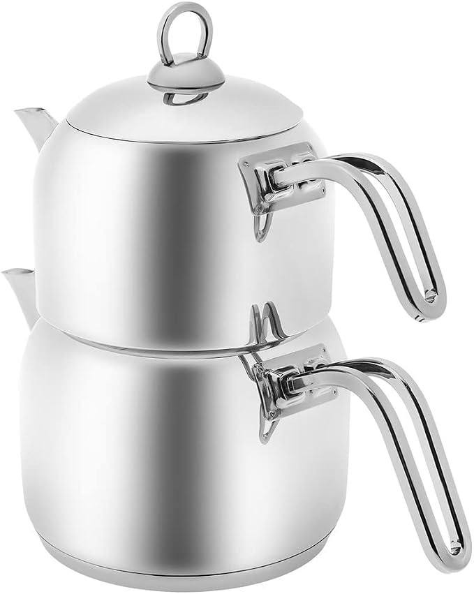 Karaca Urban Metal Turkish Teapot Set, Medium 30cm Double Teapot Set, Durable 18/10 Stainless Steel Body, 3.5 Qt (3.3 Liters) Total Capacity Stackable Tea Maker with Teapot Lid, Silver