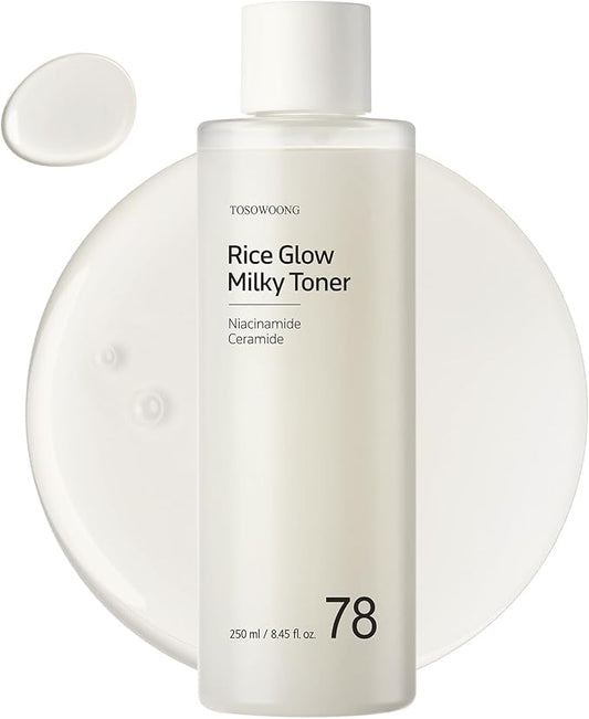 TOSOWOONG Rice Glow Milky Toner with 784,000ppm Korean Rice Water, Niacinamide, Ceramides, Panthenol, Glow, Glass Skin, Hydrating, Purifying, Fragrance-Free, Korean Skin Care, 250ml, 8.45 fl.oz.