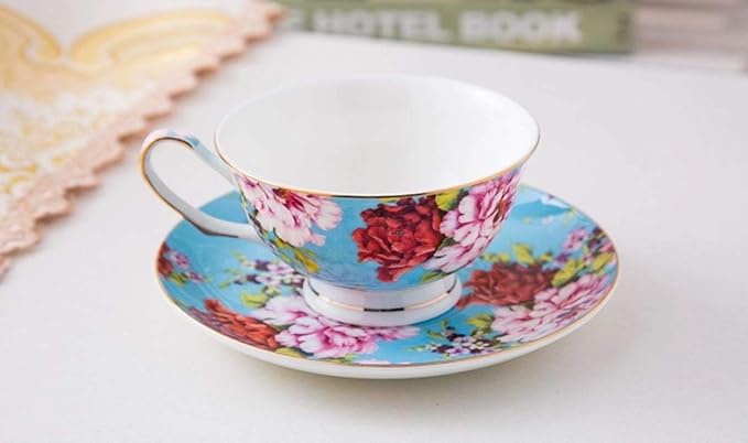 BTaT- Floral Tea Cups and Saucers Set of 4, 7 oz | Porcelain Tea Cup Set Assorted Colors Gold Trim Dishwasher Freezer Safe