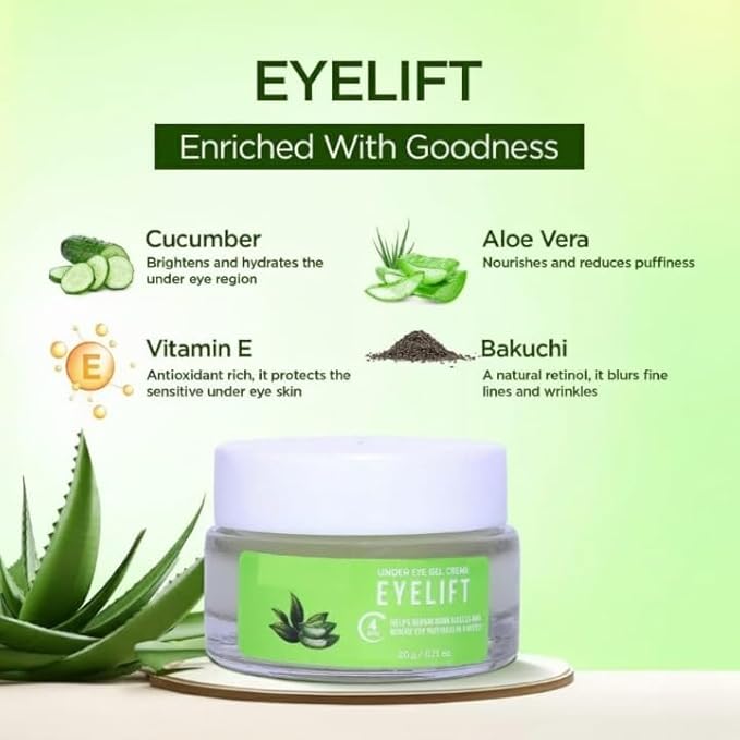 Organic EyeLift Hydrating Natural Under Eye Cream Gel for Dark Circles, Puffy Eyes, Wrinkles & Fine Lines for Women & Men, 20 gm (pack of 1)