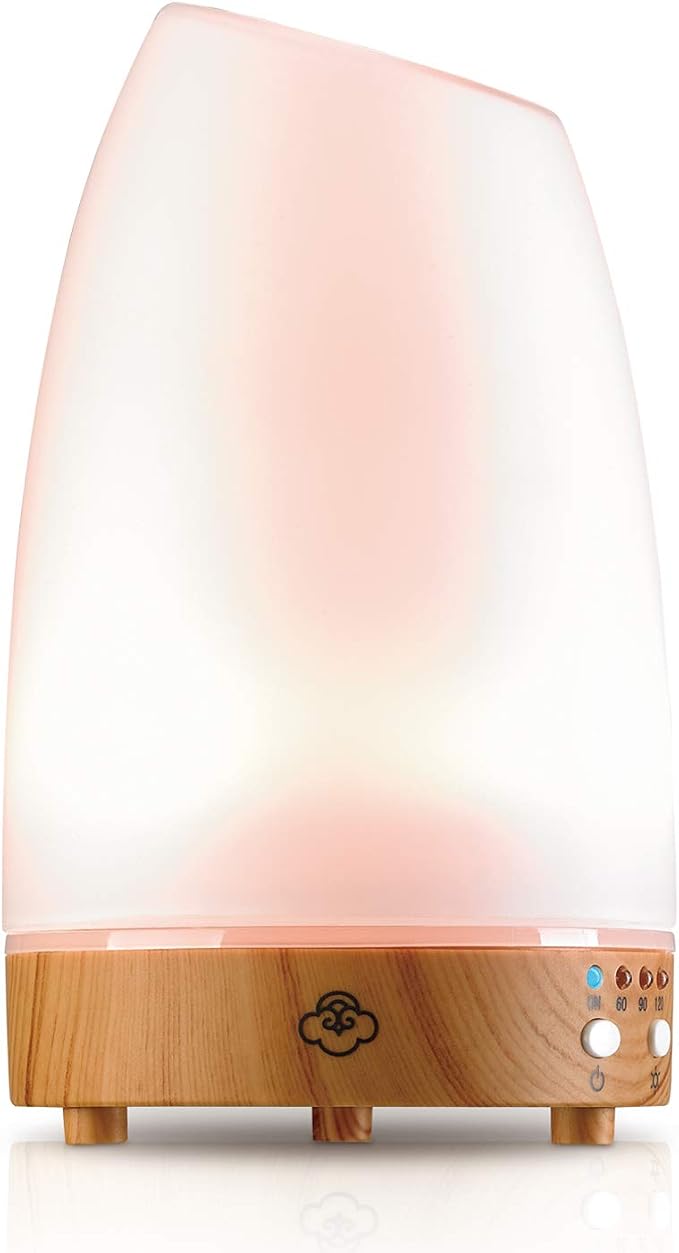 Serene House Ultrasonic Astro Aromatherapy Essential Oil Cool Mist Diffuser – 7-Color Calming Light Display with Timer Control, Automatic Shut-Off (White Cover/Light Wood Base, 90ml)