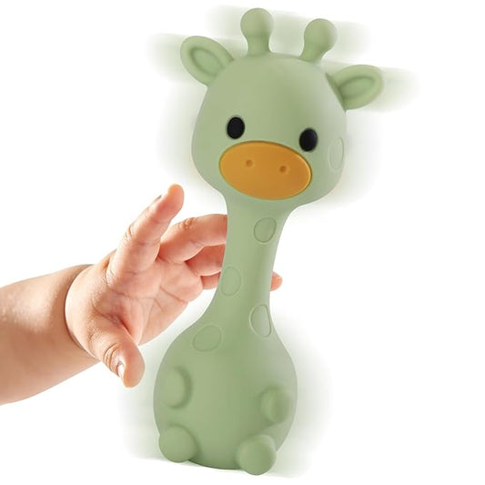 Giraffe Silicone Baby Teether Rattle Toy for 0-6 6-12 Months, BPA-Free Infant Teething Toy with Rattle Sound, Easy-Grip Design for Teething Relief (Olive)