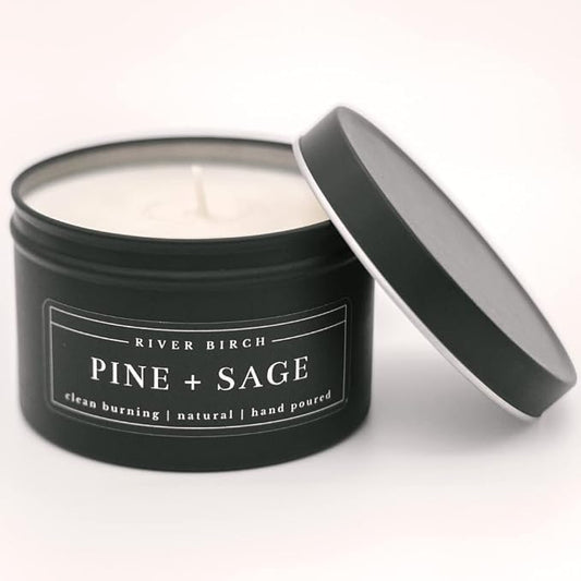 River Birch Candles Pine + Sage Scented Candle | Premium, All-Natural, Non-Toxic, Soy Candles | 8 oz. Black Matte Tin Travel Candle | Cozy Relaxing Gifts for Home