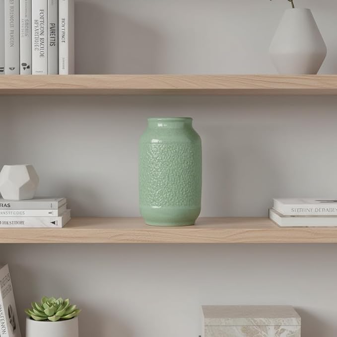 Ceramic Vase, 9 Inch Modern Green Flower Vases for Home Decor, Dining Table,Entryway, Living Room, Bathroom, Bookshelf, Bedroom, Kitchen, Mantle, Office, Foyar