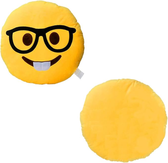 EvZ Official Certified Glasses Boy Emoji Pillow - 32cm Large Soft Plush Smiley Face Geek Emoticon Cushion - Cute Decorative Stuffed Toy for Students, School Gift, Home & Office Decor (Yellow)
