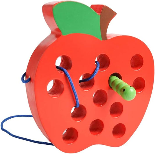JCREN Wooden Lacing Apple Threading Toys Wood Lace Block Puzzle Shape Travel Game Toys Early Learning Fine Motor Skills Educational Gift for 3 4 5 Years Old Toddlers Baby Kids Boys