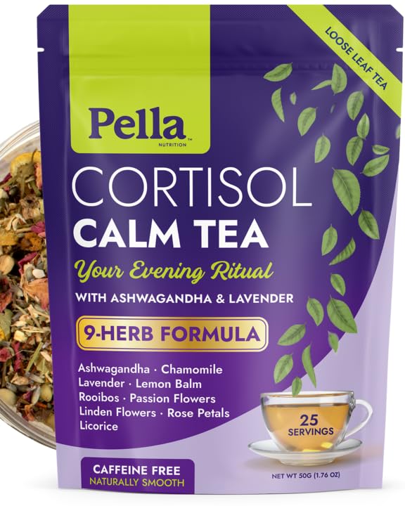 Cortisol Calm Tea – 9-Herb Relaxation Formula – Ashwagandha Chamomile Lavender Lemon Balm Rooibos Passion Flowers Linden Flowers Rose Licorice – Vegan Kosher Caffeine-Free Loose Leaf Tea – 25 Servings