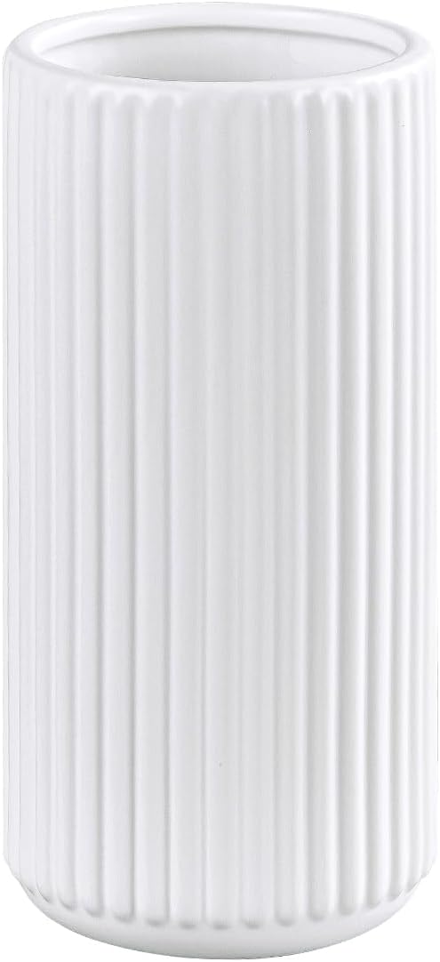 White Ceramic Flower Vase for Pampas Grass, 6 inch Small Decorative Centerpiece Ribbed Vase for Dining Table, Office Desktop, Shelf Bookshelf, Mantel, Bathroom, Countertop, Farmhouse, Gift
