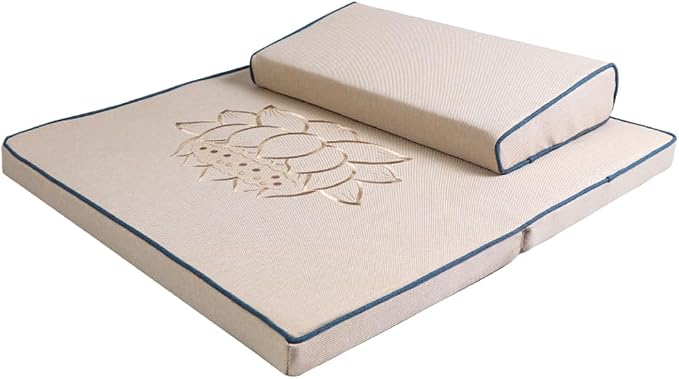 Portable Foldable Meditation Cushion Mat Set with Washable Cotton Linen Cover, Larger Thick Yoga Mat Bolster Floor Pillows Seating for Adults Meditation Accessories Beige-80cm