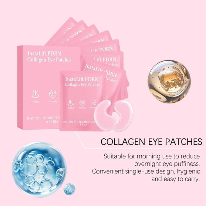 Serene Eye Patches with PDRN Collagen, Instant Anti-Wrinkle Eye Mask for Dark Circles & Puffy Eyes, Hydrating Under Eye Patches with Hyaluronic Acid, Instalift Treatment, 8 Pairs