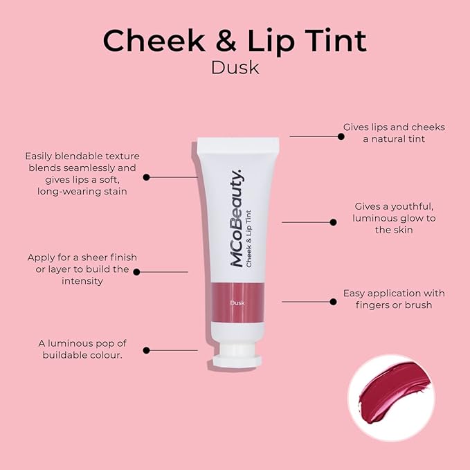 MCoBeauty - Cheek and Lip Tint - Gel-Cream Formula for Buildable Color - Multi-Use Tint for Lips and Cheeks - Dusk, Cherry Red Shade -Liquid blush for Cheeks & Lips