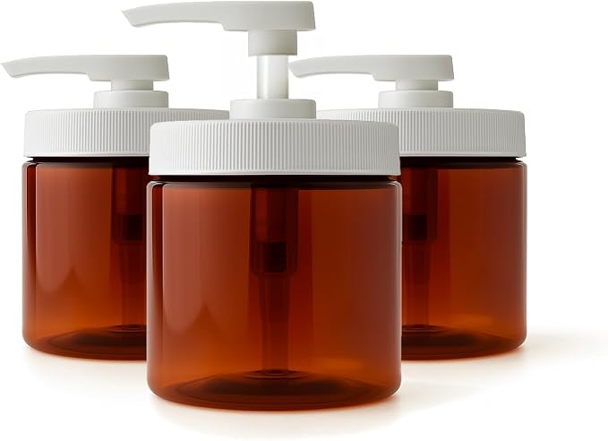 Royal Massage 16oz Refillable Pump Jar with Locking Dip Tube Dispenser – BPA-Free Plastic Container for Massage Oils, Lotions, Creams – Ribbed Lid Wide-Mouth Jar – Durable & Reusable (Amber/White, 3)
