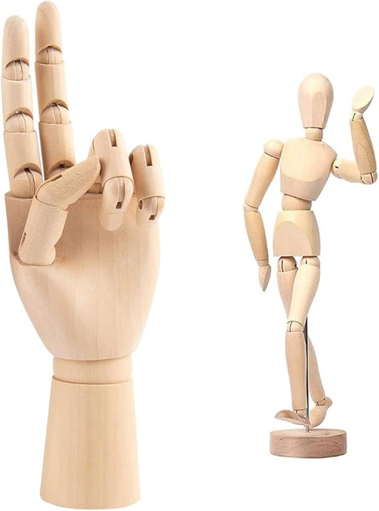 2-Pack 12" Drawing Hand Model,8" Artist Wooden Mannequin Figure Human People Dolls Manikin Supplies Stop Motion Figure Kit,Art Wooden Tools Posable Figure for Drawing,Painting,Sketching