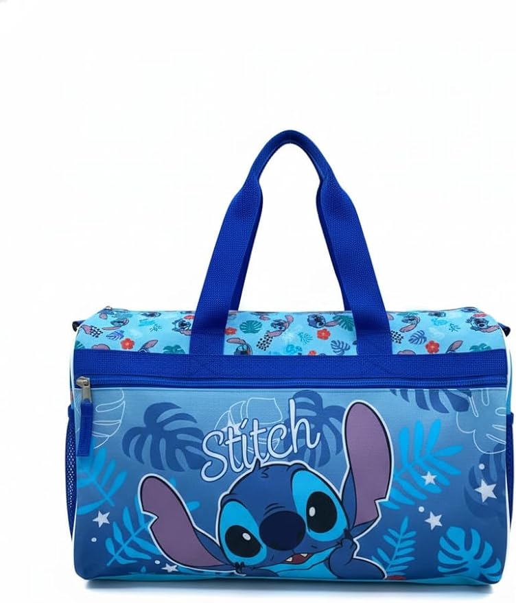Disney Stitch Kids’ Duffle Bag – Lilo & Stitch Travel Gym Bag with Adjustable Strap, Mesh Side Pockets & Zipper Pocket