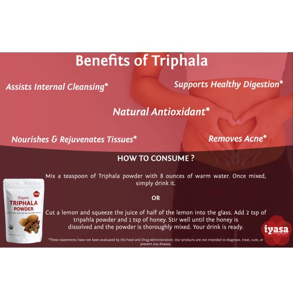 Iyasa Holistics Organic Triphala Powder,Ayurveda Superfood,Natural Body Detox,Bowel Cleanser,Herbal Laxative,16 Ounce 453 Gram