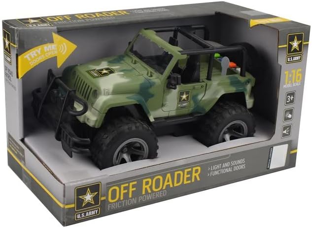Lollipop United States Army Friction Powered 1/16 Model Off Road Vehicle w/Car Light & Sound, Push & Go Toy Rescue Battle Truck Military Toys 3+ yrs old