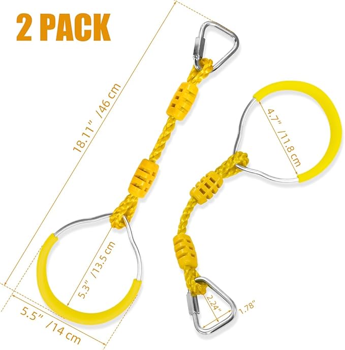 Swing Ninja Ring Indoor Outdoor Backyard PlaySet Fitness Gymnastic Training Equipment, 2 Pack Yellow Hanging Jungle Gym Fist Trapeze Monkey Bars Climbing Ring Ninja Warrior Obstacle Course Attachments