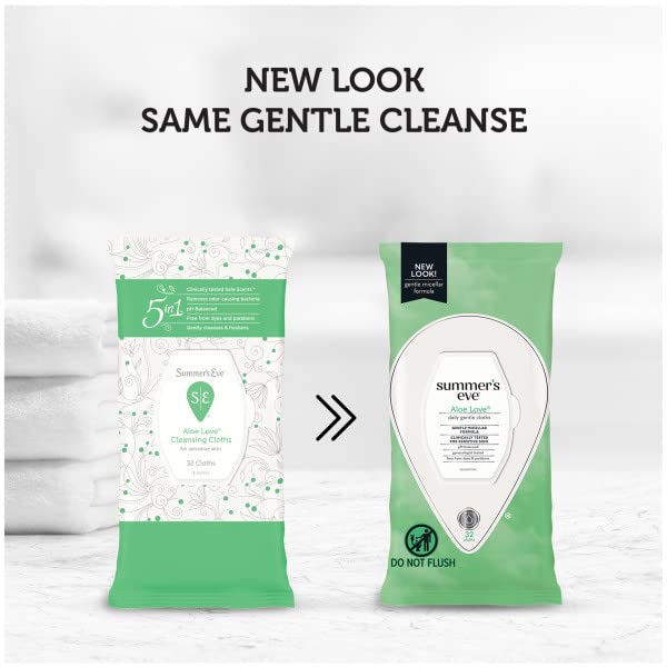 Summer’s Eve Aloe Love Feminine Cleansing Wipes, Daily Intimate Cloths, Removes Odor, pH Balanced, Gentle for Sensitive Skin, 32 Count (Pack of 6)