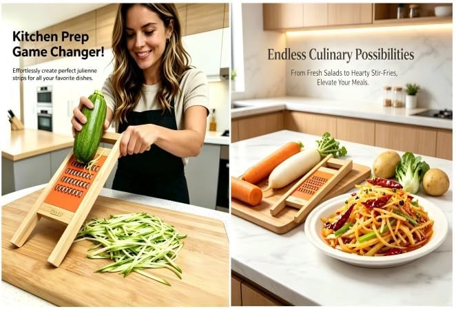 Korean Carrot Grater, Wooden Vegetable Grater with Hand Guard, 4mm Stainless Steel Shredder for Cabbage, Onion, Cheese, Heavy Duty Kitchen Tool (11.0" × 3.7")