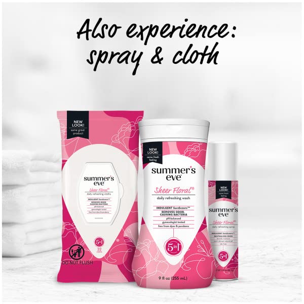 Summer's Eve Sheer Floral Feminine Cleansing Wash, Daily Intimate Wash, Removes Odor, pH Balanced, Gentle for Sensitive Skin, 9 Ounce (Pack of 4)