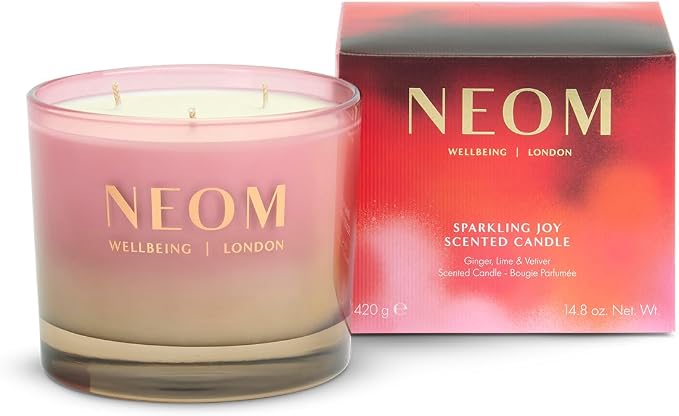 NEOM Sparkling Joy Scented Candle, 3 Wick, 185g I Ginger, Lime and Vetiver I 100% Naturally Derived Wax I 100% Natural Fragrances I Invigorating