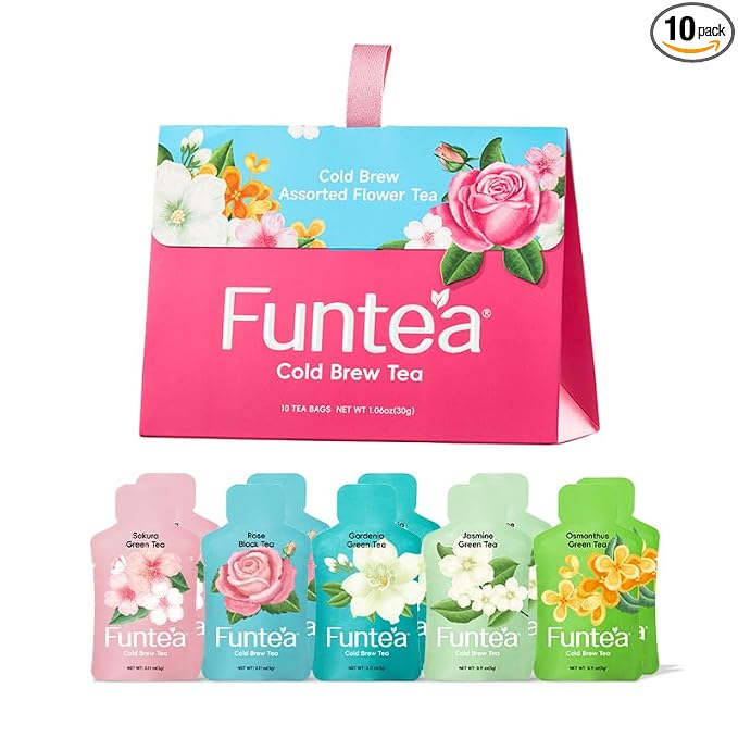 Funtea Cold Brew Flower Tea Bags, Caffeine Free Herbal Tea, Unsweetened Natural Floral Tea, Individually Wrapped, Refreshing Iced Tea for Daily Hydration, 10 Count(Pack of 1) (Assorted Flower Tea-10 Count)