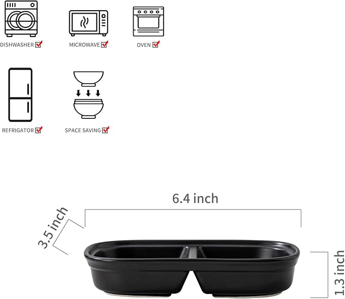 2PCS Ceramic Dishes, Ceramic Dish Stainless Steel Soy Tomato Sauce Salt Vinegar Sugar Spices Flavor Condiment Dip Bowls Korean BBQ Home Kitchen Plates (2 Grids Black)
