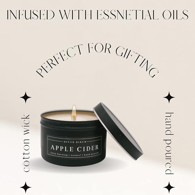 River Birch Candles Apple Cider Scented Candle | Premium, All-Natural, Non-Toxic, Soy Candles | 8 oz. Black Matte Tin Travel Candle | Cozy Relaxing Gifts for Home