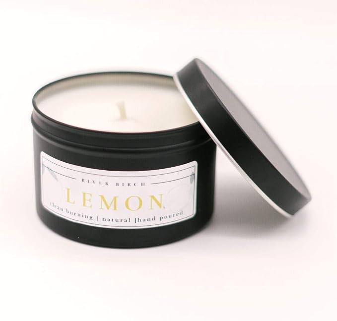 River Birch Candles Lemon Scented Candle | Premium, All-Natural, Non-Toxic, Soy Candles | 8 oz. Black Matte Tin Travel Candle | Cozy Relaxing Gifts for Home
