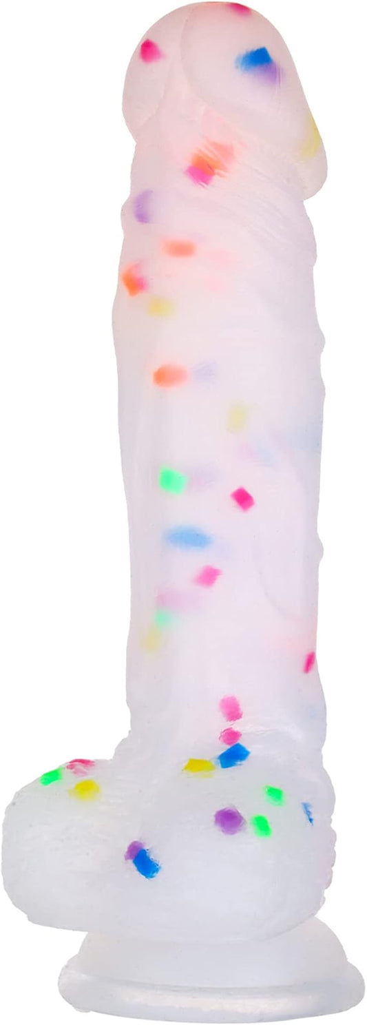 8.2 Inch Confetti Clear Silicone Dildo with Flared Suction Cup Base for Hands-Free Play, Flexible Dildo with Curved Shaft and Balls for Vaginal G-Spot and Anal Prostate