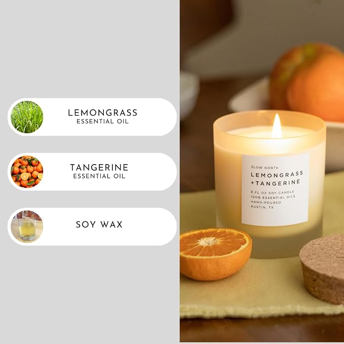 Slow North Lemongrass + Tangerine Candle - Essential Oils and Pure Soy Wax Candle in a Reusable Frosted Glass Jar - A Unique Scented Candle Hand-Poured in the USA (8 oz)