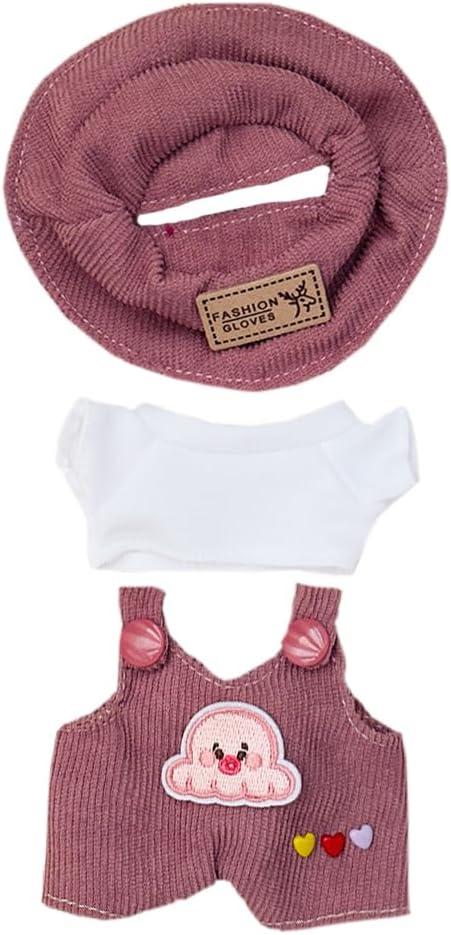 niannyyhouse 17cm Doll Clothes Hat White T-Shirt Animal Print Overalls 15cm Plush Doll Dressup (Brownish Red)