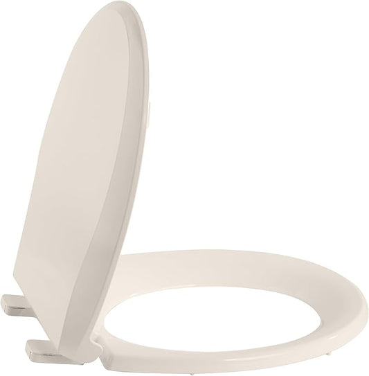 17 Inch Round Commercial Toilet Seat, Almond Soft-Close Quiet Lid with Durable Polypropylene, Never-Loosen and Potty Training Feature for Standard Toilets
