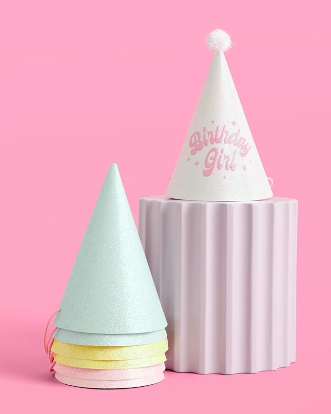 xo, Fetti Birthday Party Hats - Fits Adult + Child - Pastel Rainbow Bday Party, Glitter Birthday Girl, Magical, Paper Party Crowns,