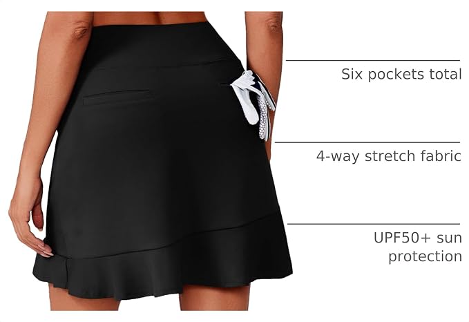 PINSPARK 18" Golf Skorts for Women with 6 Pockets Ruffle Athletic Skort | Above the Knee,High Waist,UPF 50+,4-way Stretch,Lightweight,Ruffle Hem,Tennis,Casual,Work,Pickleball