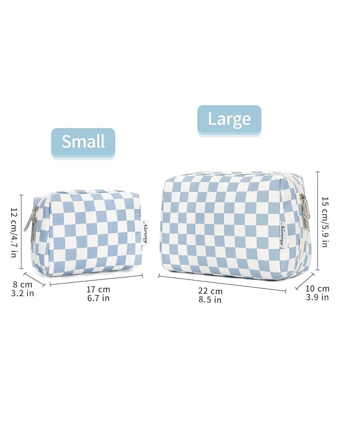 Narwey Small Checkered Makeup Bag for Purse Mini Cosmetic Bag Travel Makeup Pouch Zipper Pouch Cute Make up Bags with Compartments for Women Girls (Small, Sky Blue Checkerboard)
