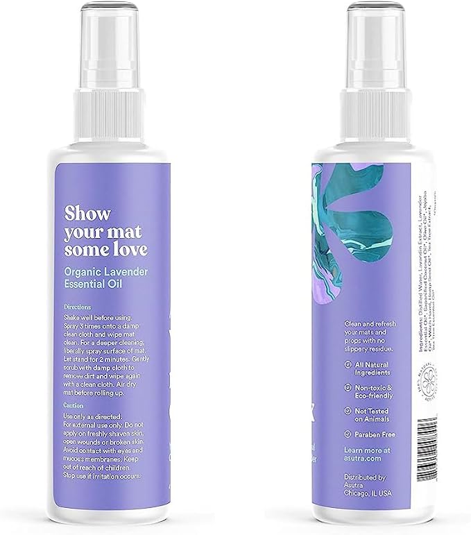 ASUTRA Yoga Mat Cleaner Spray (Peaceful Lavender), 4 fl oz - No Slippery Residue, Organic Essential Oils, Deep-Cleansing for Fitness Gear & Gym Equipment, Microfiber Towel Included