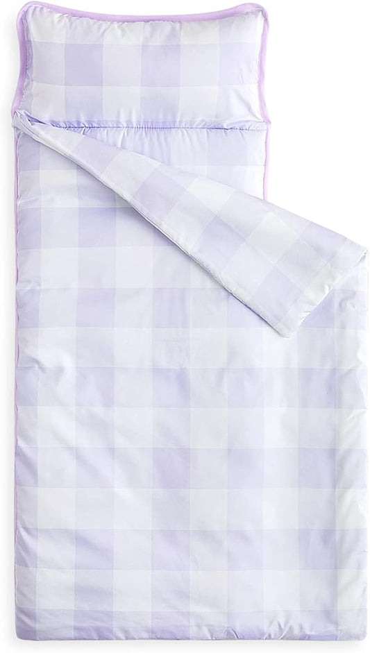 Wake In Cloud - Toddler Nap Mat with Pillow and Blanket, for Kids Boys Girls Ages 3 Plus in Kindergarten Daycare Preschool, Roll Up Sleeping Bag, Gingham Plaid Grid