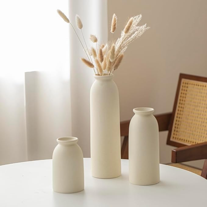 10.4 inches Tall Decorative Ceramic Vase Set, 3 Pieces, 10 inches Nordic Modern Style, White, Farmhouse Home Boho Shelf Decor(Beige L)