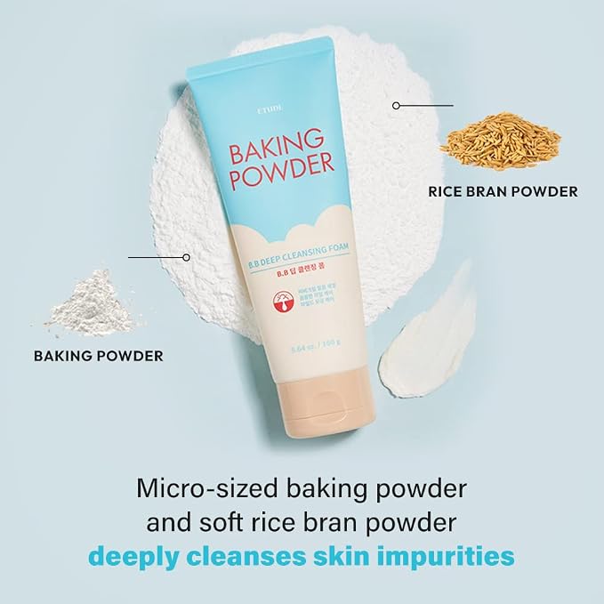 ETUDE Baking Powder B.B Deep Cleansing Foam, 2 in 1 Rice Bran + Baking Powder, Creamy Bubble + Scrub Exfoliate Skin, Fash Wash, Deep Cleanser for Makeup, Korean Skin Care, Beauty (5.64 Ounce)