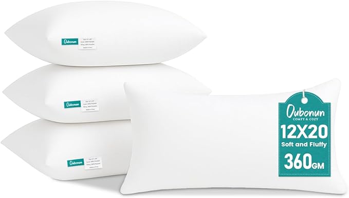 Oubonun 12 x 20 Throw Pillow Inserts Set of 4 | Soft, Plush & Decorative Down Alternative Pillows for Couch Sofa Bed, Machine Washable - White, Pack of 4