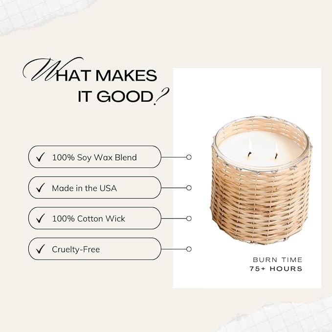 Sea Salt Scented Candle – Luxury 12oz Soy Wax, 2-Wick Handwoven Glass Jar, Blend of California Lemon, Water Lily, White Jasmine, Driftwood & Rosewater -75+ Hour Clean Burn, USA Made
