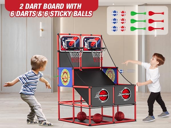 2 in 1 Dual Shot Basketball Arcade Game with 2 Dart Boards/Electronic Scoreboard/LED Light, Kids Basketball Hoop for Home Indoor Outdoor, Sport Toys for Boys Girls