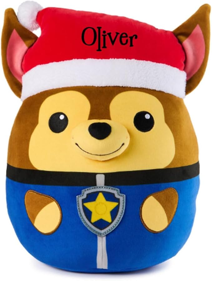 Personalized PAW Patrol Winter Holiday Puppy Squish Plush - 12 in (Personalized Chase with Santa Hat)