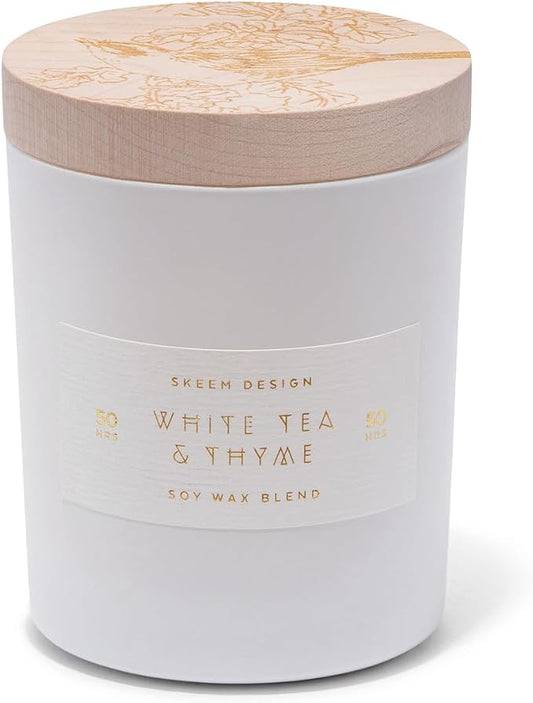Skeem Print Block White Tea and Thyme Scented Candle - Tea Leaves, Thyme, Jasmine & Lemon Blend - Soy Wax, All Natural Oils - Aromatherapy Candle
